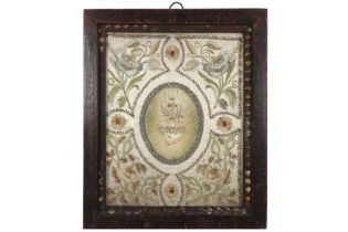 framed presumably Italian 18th Cent. brocade and silk needlework on silk - with annotation on the