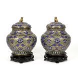 pair of Chinese lidded vases in gilded brass with champlevé and cloisonné || Paar gedekselde Chinese