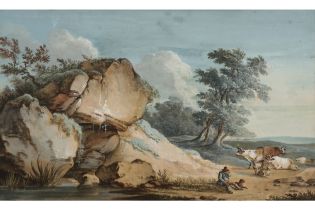 18th Cent. French gouache with an animated landscape || Achttiende eeuwse Franse gouache : "