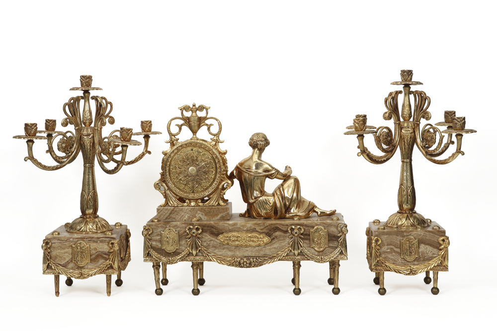 neoclassical 3pc garniture in onyx and gilded bronze : a pair of candelabra and a clock || - Image 2 of 2