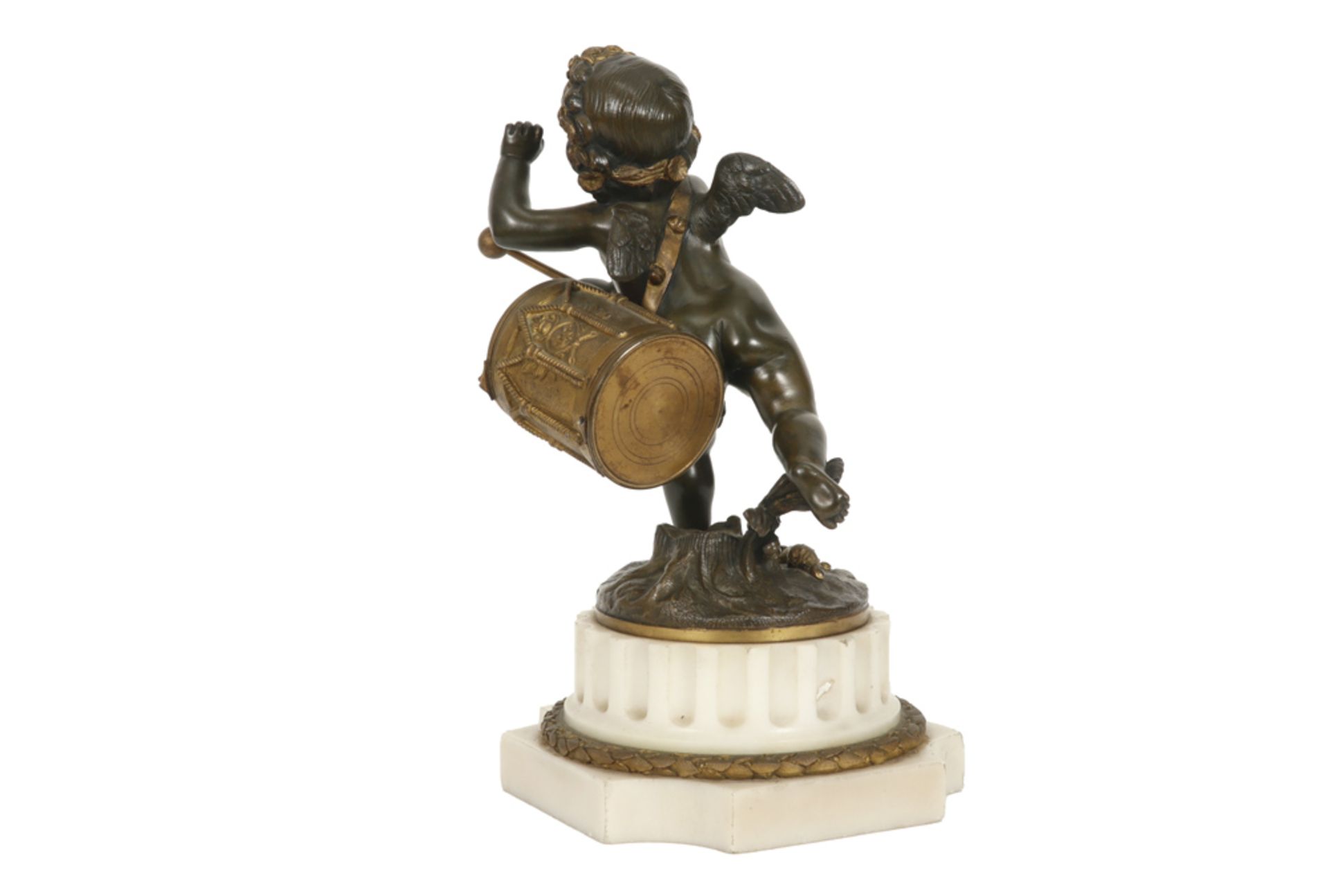 antique neoclassical sculpture with a cupid in partly decorated bronze that beats a drum, which - Image 3 of 6