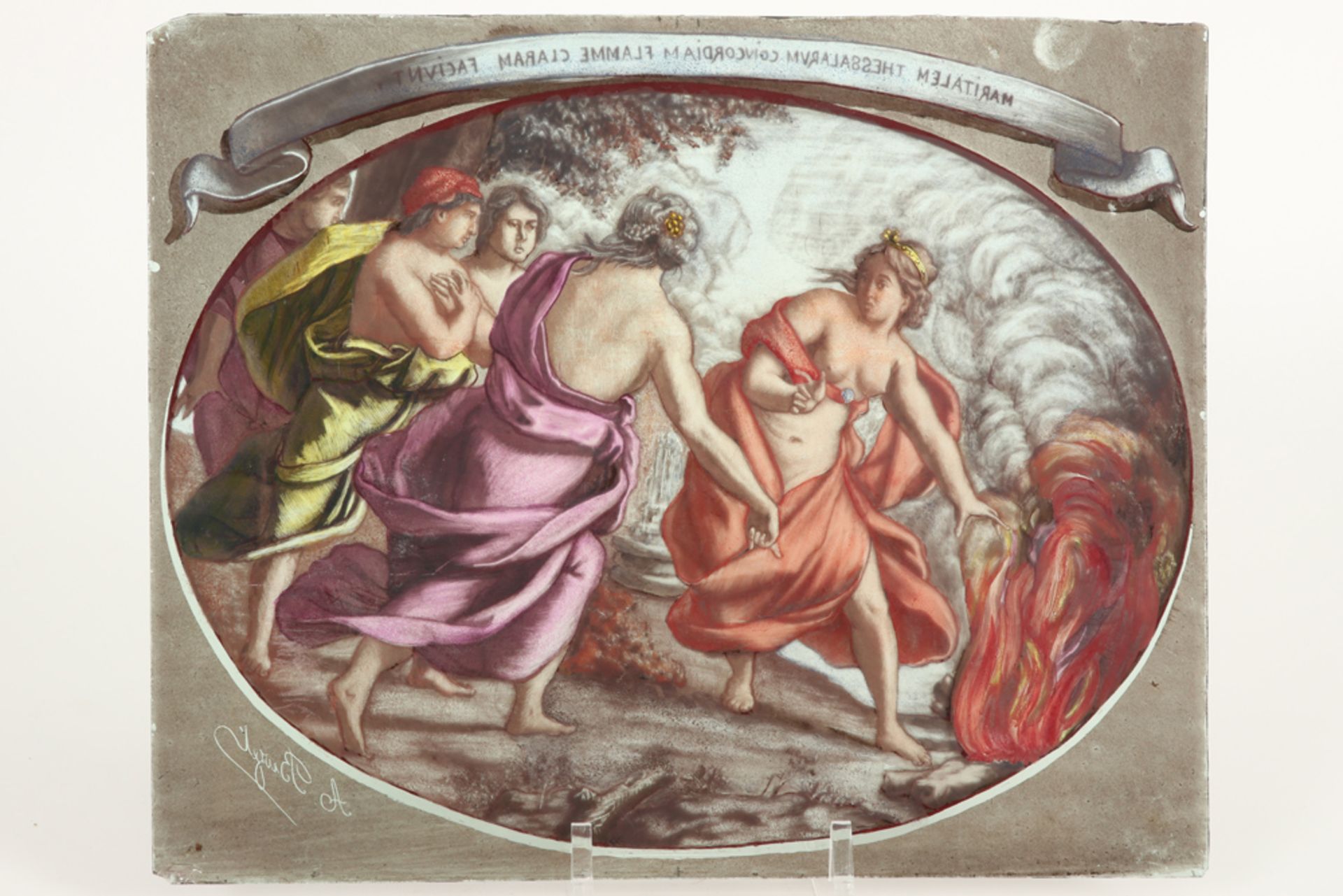 19th Cent.- A. Buzet signed painting on glass || BUZET A. negentiende eeuws glasraampje met - Image 2 of 3