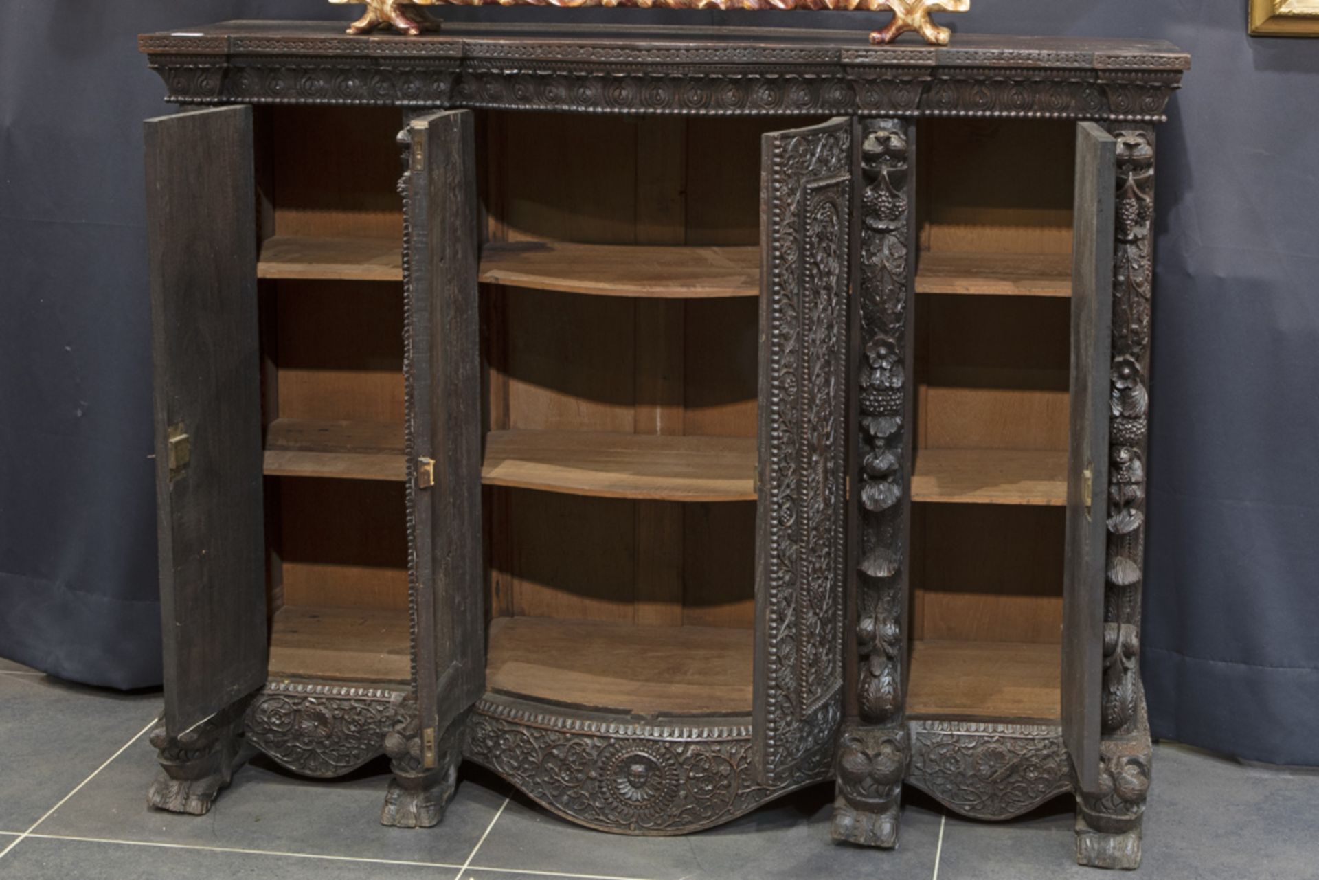 antique Oriental-colonial sideboard in very heavy and very richly sculpted exotic wood (probably - Image 2 of 3