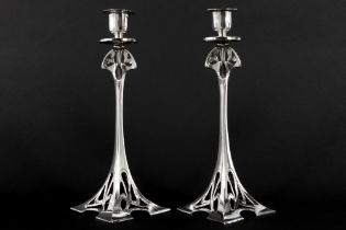 pair of WMF marked Art Nouveau candlesticks || WMF paar Art Nouveau-kandelaars in "zilvertin" met