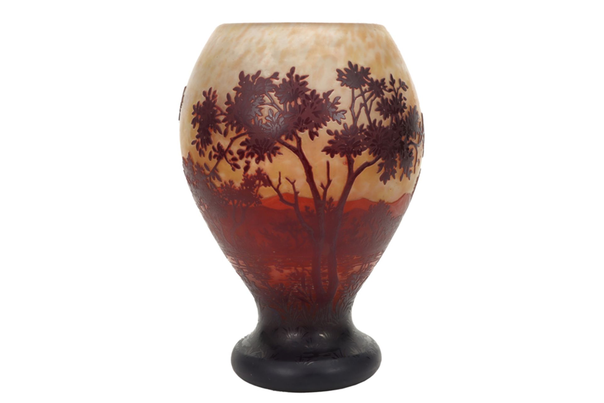 Daum Nancy France marked vase in pâte de verre with a landscape decor in brownish colors || DAUM