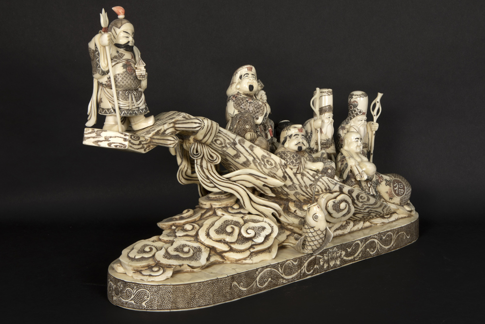 quite big Chinese sculpture with the depiction of seven Chinese mythological figures, sitting on a - Image 5 of 6