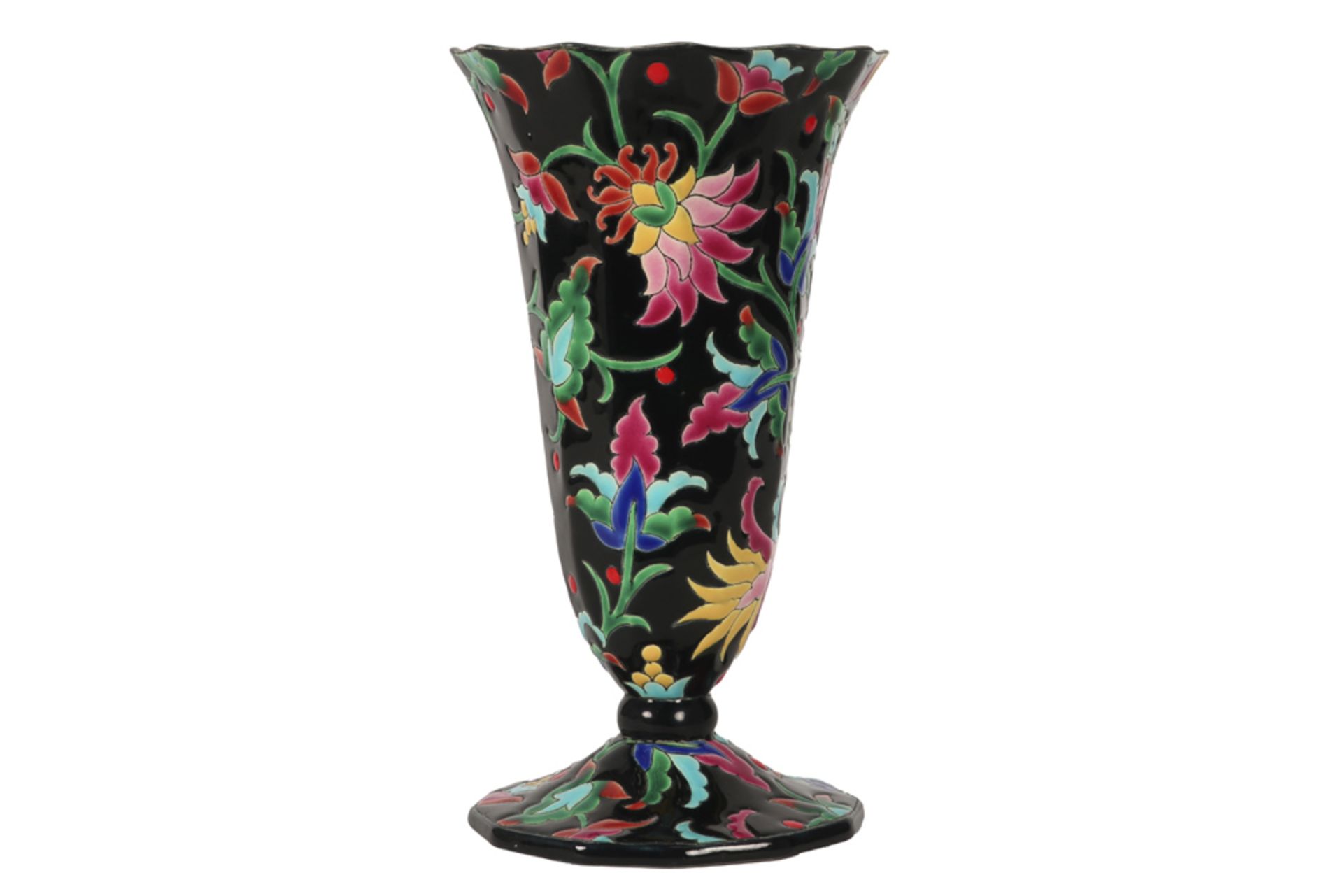 Art Deco vase in Longwy marked ceramic with a typical decor on a quite rare black background || - Image 2 of 5