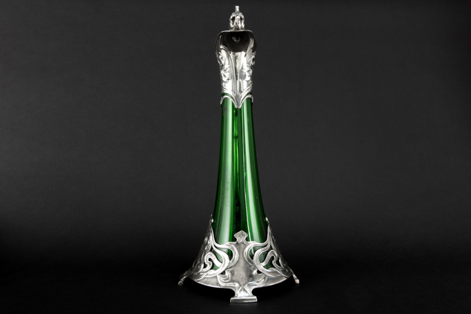 WMF marked Art Nouveau decanter in green glass with a typical mounting with whiplash ornamentation - Image 2 of 5