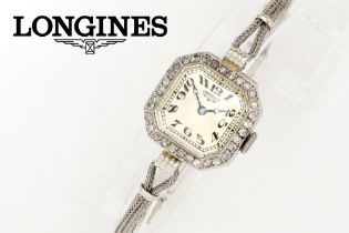 Longines marked Art Deco ladies' wristwatch in platinum with diamonds - the bracelet is in