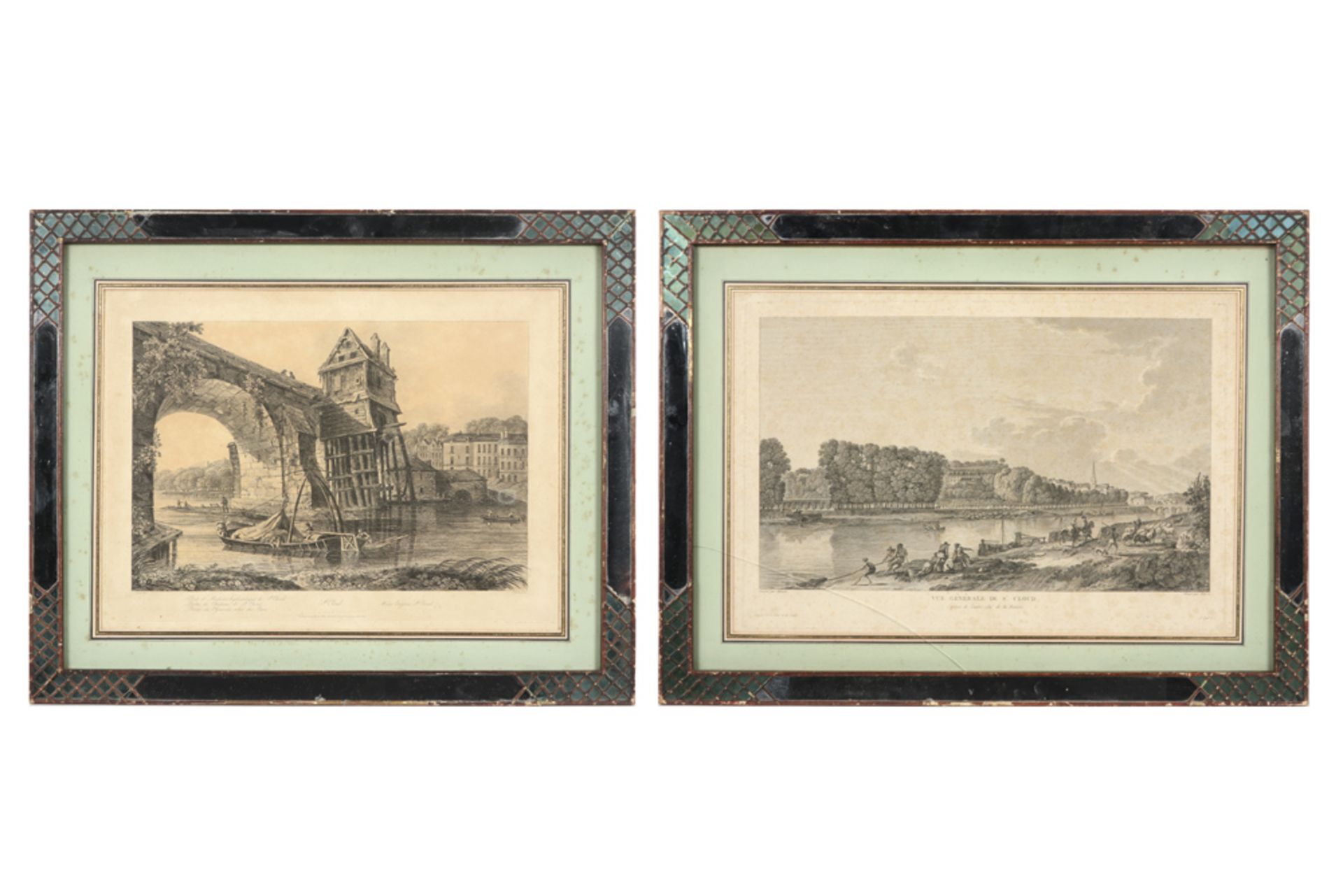 pair of antique engravings each with a frame with mirrored glass || Paar antieke gravures telkens