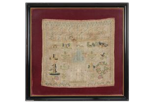 framed needlework sampler dated 1846 || Ingekaderde merklap gedateerd 1846 met letters, cijfers en