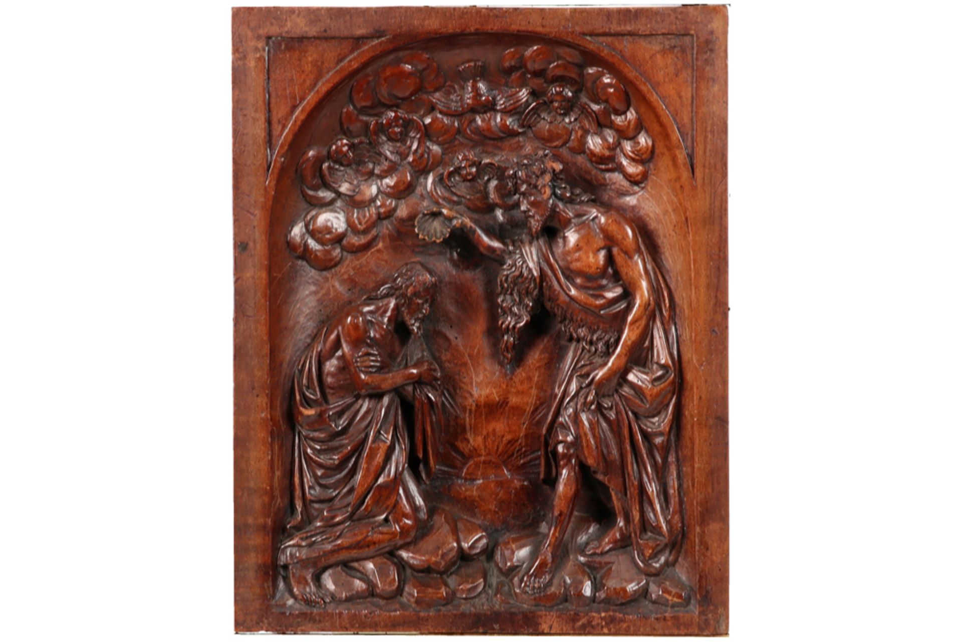 17th Cent. basrelief in fruitwood with a finely sculpted biblical scene with the Baptism of Jesus || - Image 2 of 3