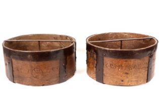 two antique grain measuring bowls in wood and wrought iron, one marked CRSM and dated 1816/17 and