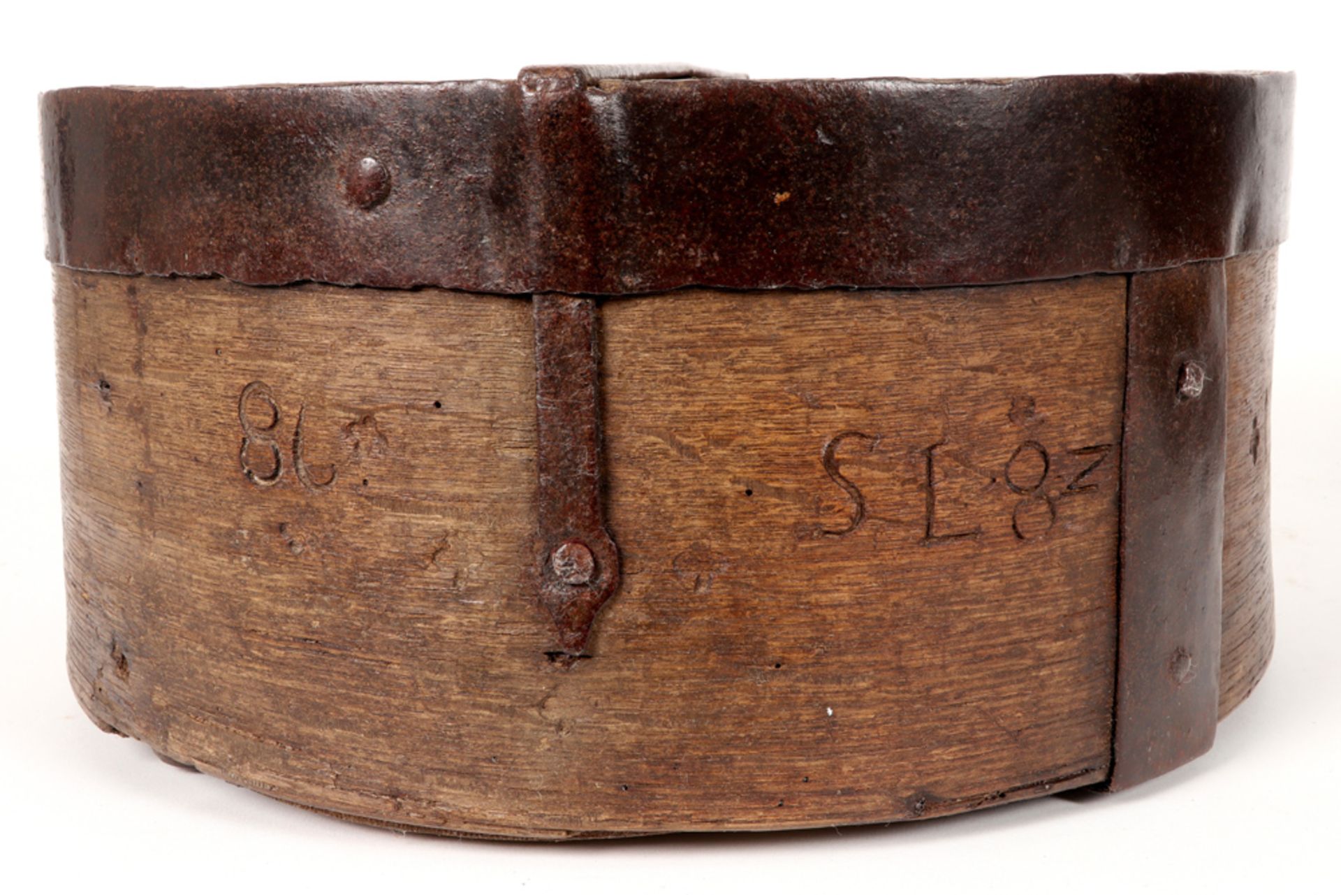 two antique grain measuring bowls in wood and wrought iron, one marked CRSM and dated 1816/17 and - Image 3 of 5