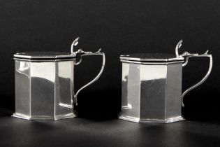 pair of English mustard jars in Lionel & Alfred Crichton signed and marked silver || LIONEL & ALFRED
