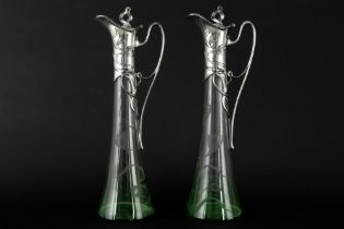 beautiful and rare pair of WMF marked Art Nouveau decanters in glass and pewter || WMF prachtig en