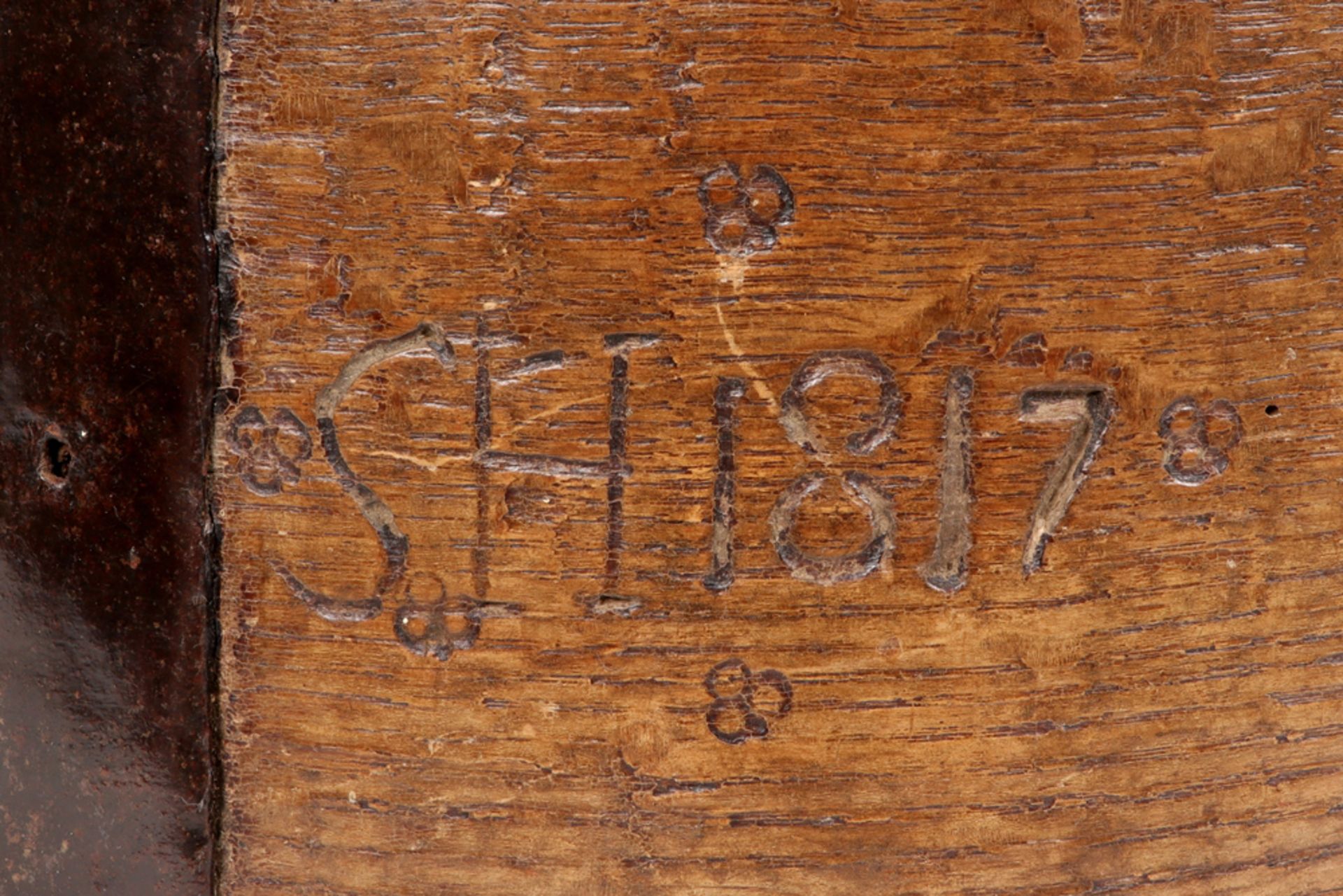 two antique grain measuring bowls in wood and wrought iron, one marked CRSM and dated 1816/17 and - Image 4 of 5