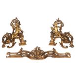 'antique' Louis XV style fire irons set in partially gilded bronze with a pair of chenets each