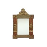 mirror with an antique wooden frame with figures and ornaments in embossed brass || Spiegel met