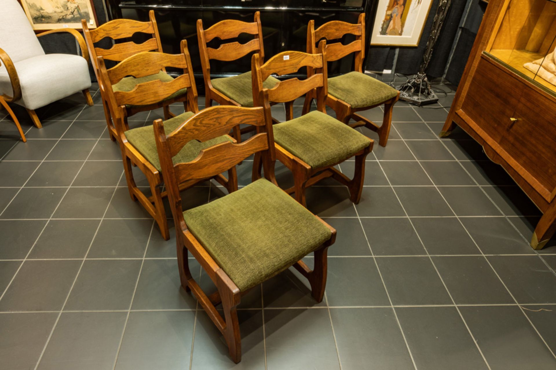 set of six fifties' Guillerme & Chambon design chairs in oak, made in collaboration of "