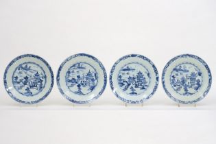 set of four 18th Cent. Chinese plates in porcelain with a blue-white landscape decor || Set van vier