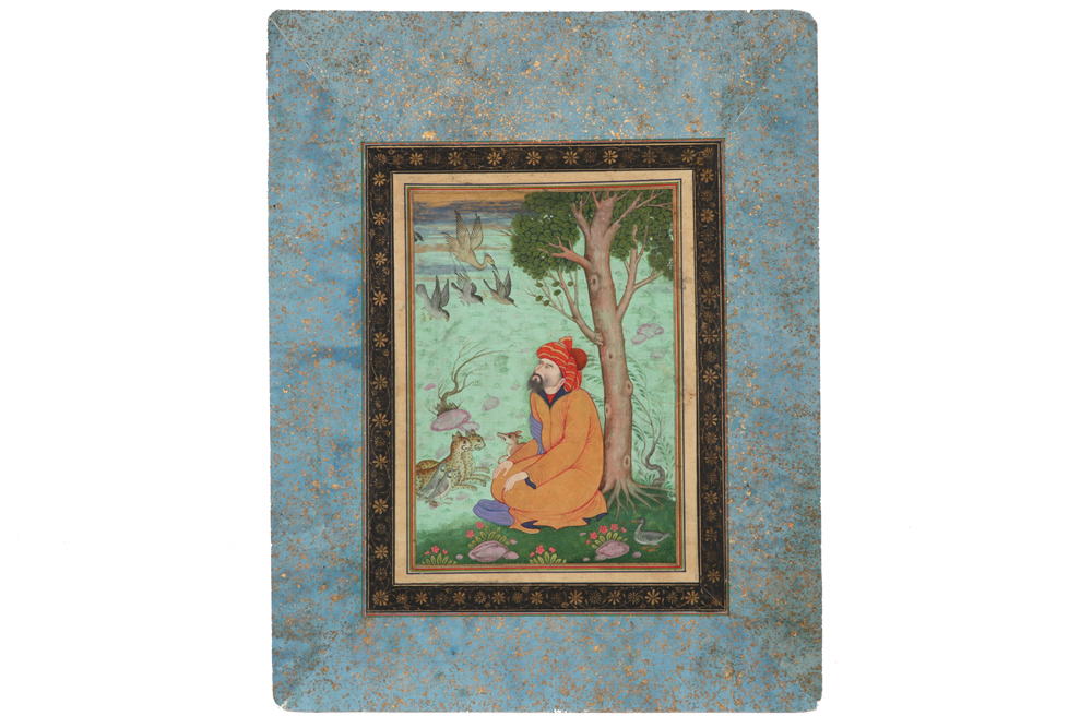 19th/20th Cent. Indian miniature painting depicting a sitting man surrounded by animals || INDIA -