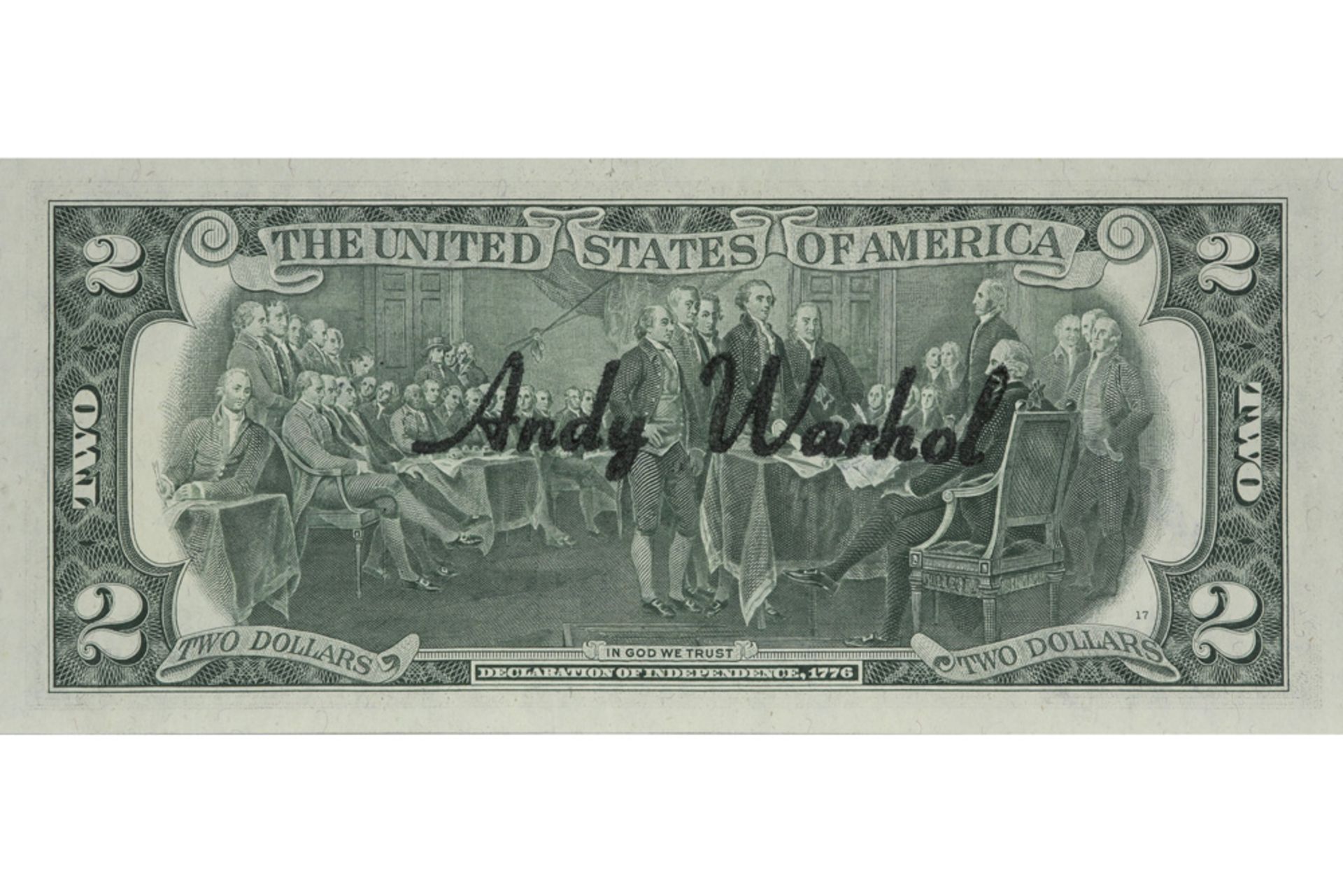 hand signed Andy Warhol "Two Dollar" banknote with postage stamp and stamped dd 1976 - with - Image 2 of 2