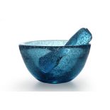 20th Cent. "Biot France" marked bowl with pestle in blue glass || BIOT FRANCE kom met stamper in