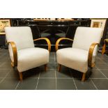 pair of Czech design arm chairs in wood and white textile by Jindrich Halabala - to be dated