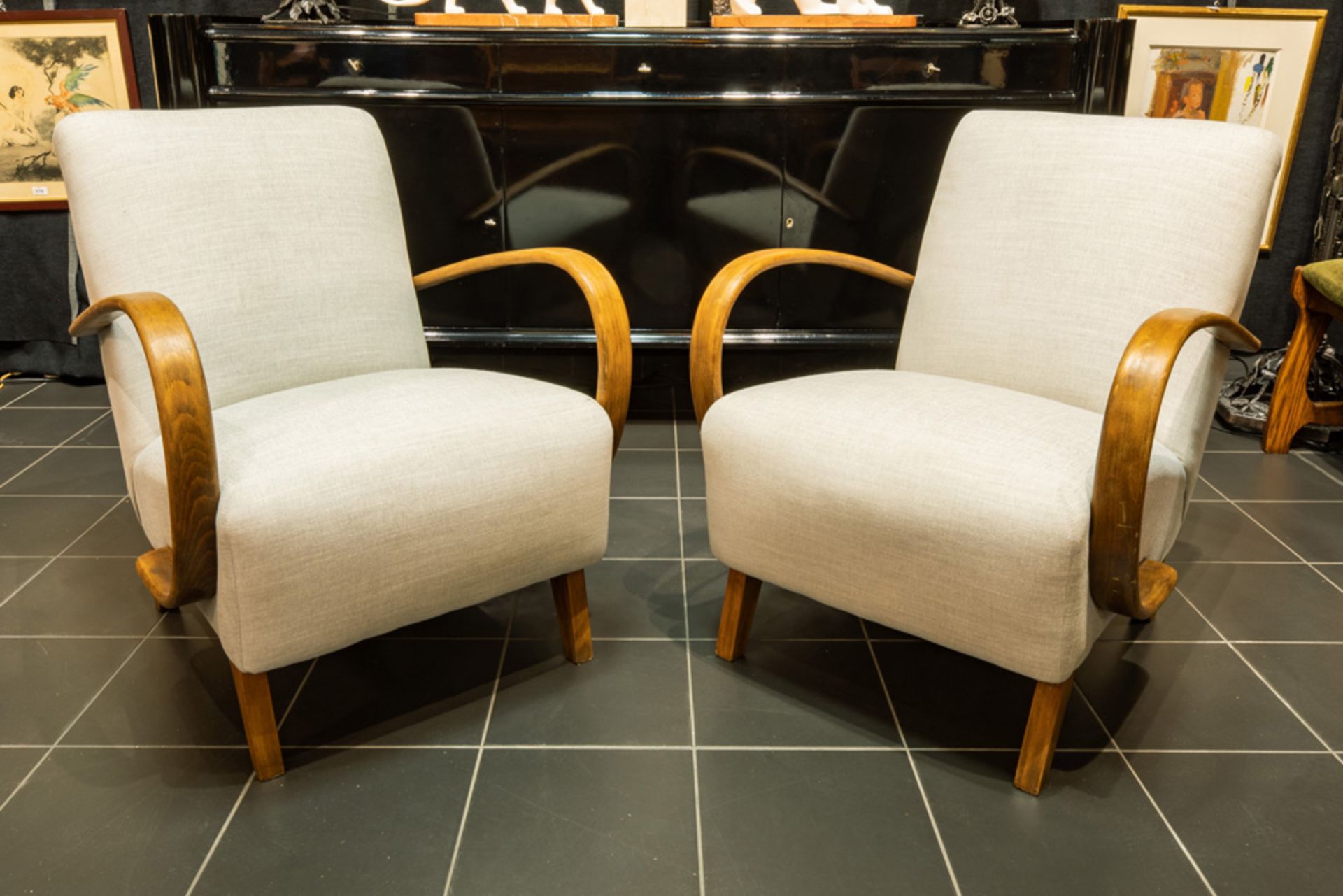 pair of Czech design arm chairs in wood and white textile by Jindrich Halabala - to be dated