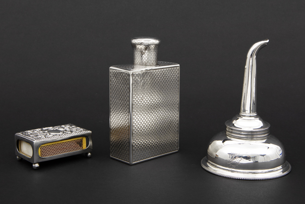 3 pieces of silver : an English marked match box, a flask and an 19th Cent. "Charles Fox" signed - Image 2 of 3