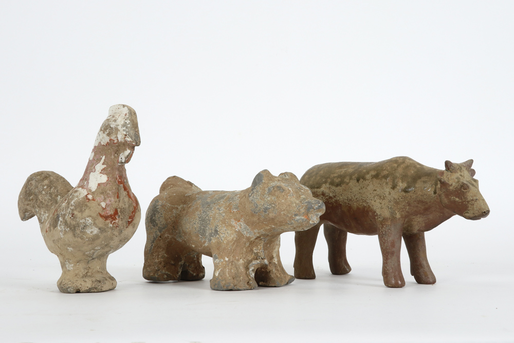 three Chinese Han period tomb figures in the shape of horoscope animals (cock, god and ox) in - Image 3 of 5