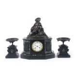 antique garniture with a clock with case in marble adored with a bronze sculpture and with a Japy