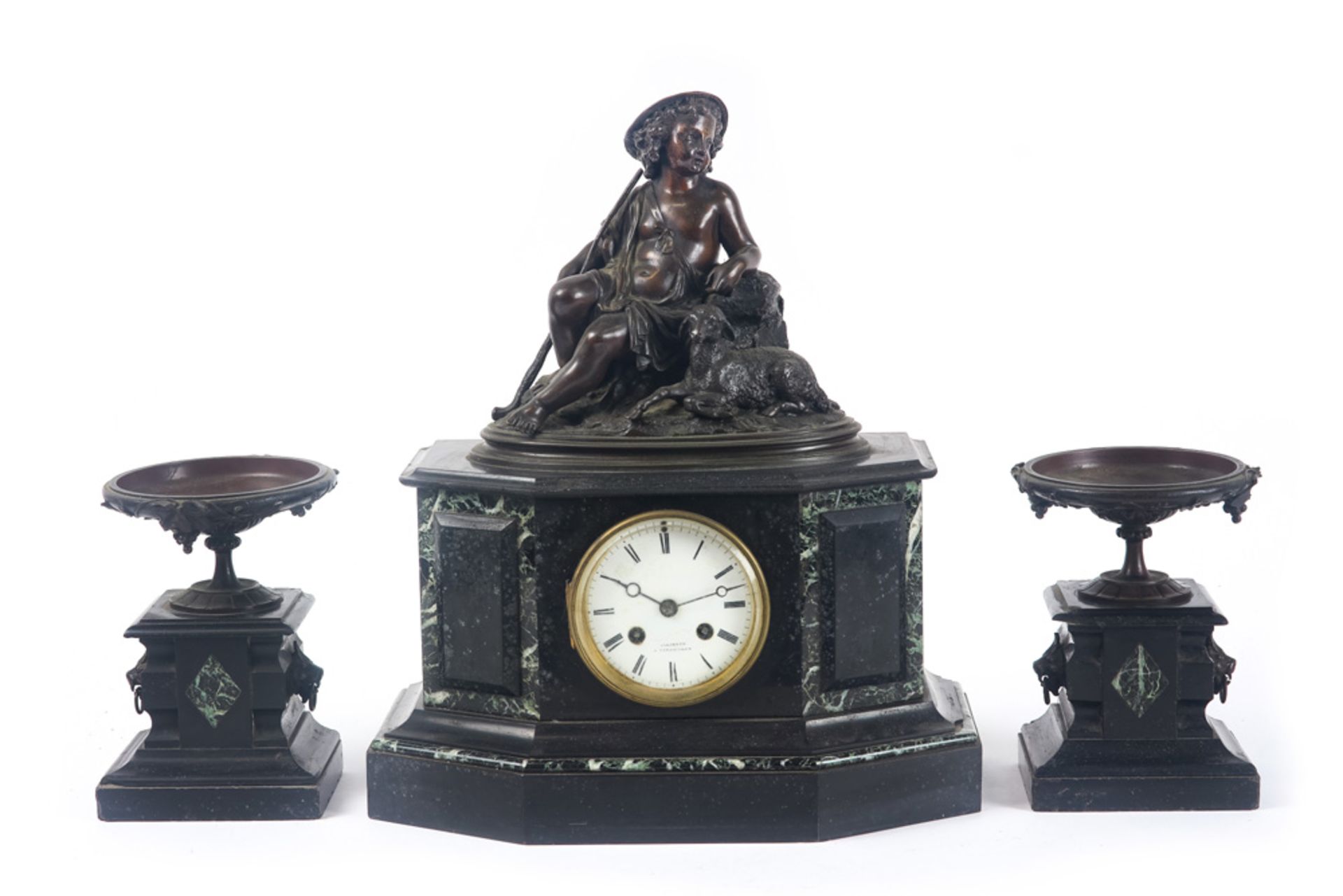 antique garniture with a clock with case in marble adored with a bronze sculpture and with a Japy