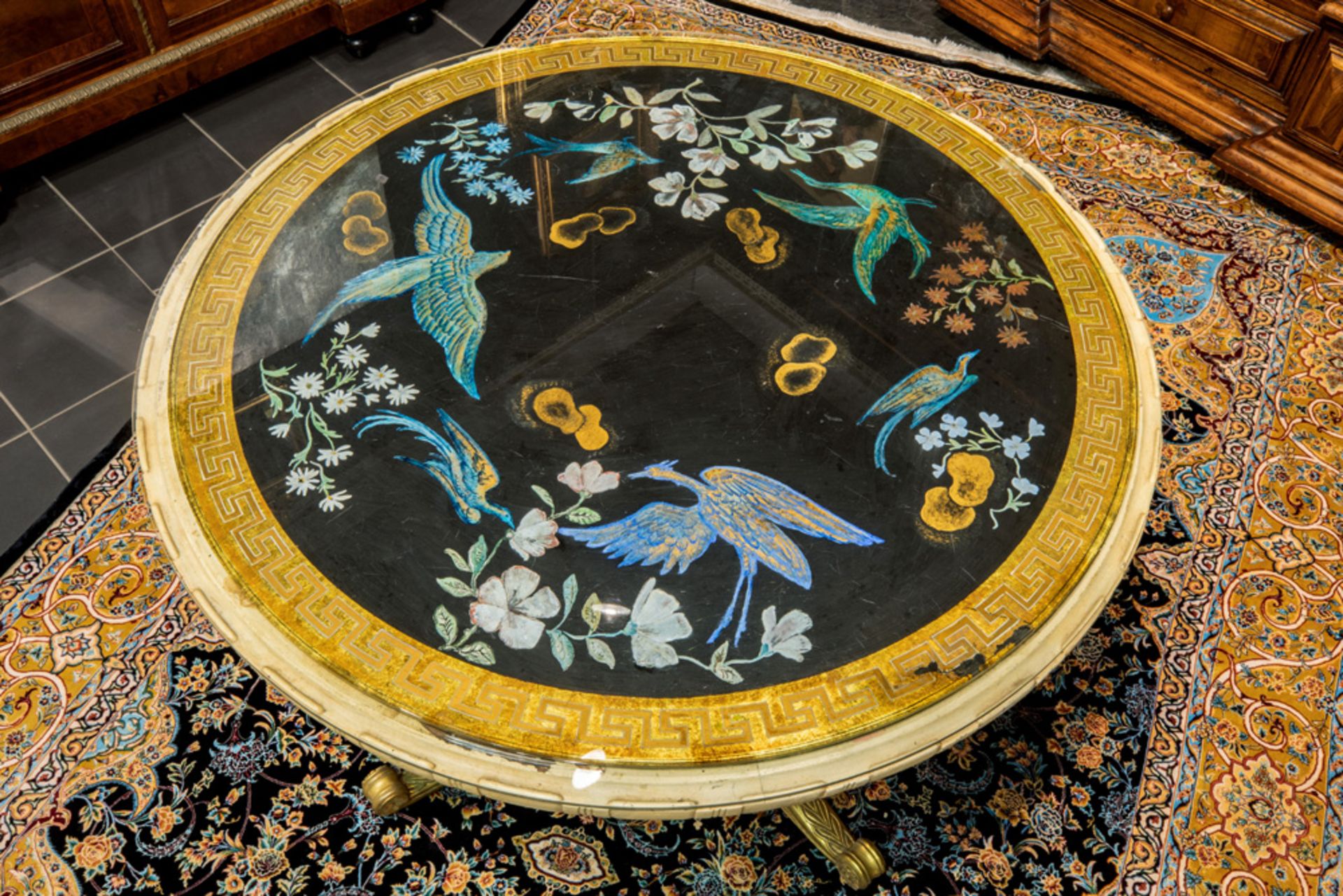 quite special, presumably Italian Art Deco table in painted wood and gilded bronze with a round - Image 2 of 3