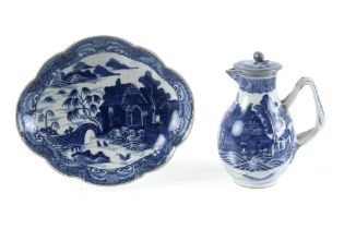 two pieces of late 18th Cent. Chinese porcelain with a blue-white landscape decor : dish and