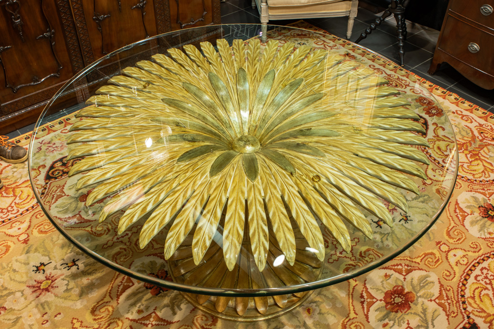 nineties' "Regency" design table with a base in partially gilded wood with typical leaves and with a - Image 3 of 4