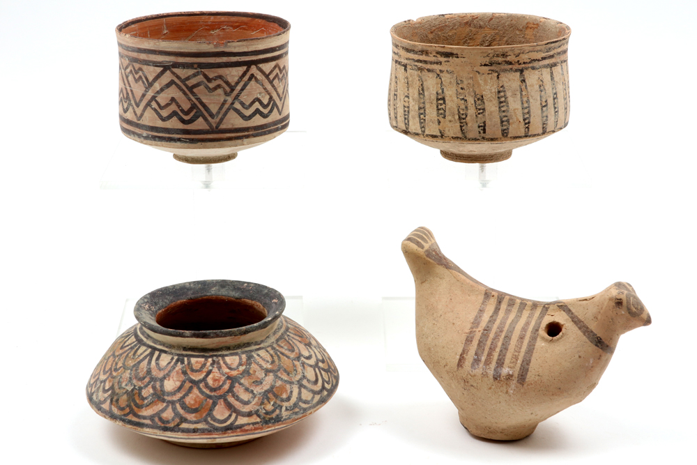 four Ancient Pakistan Baluchistan Indus Culture Nindowari earthenware items : three painted pots and