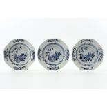 three 18th Cent. Chinese plates in porcelain with a blue-white garden decor || Set van drie