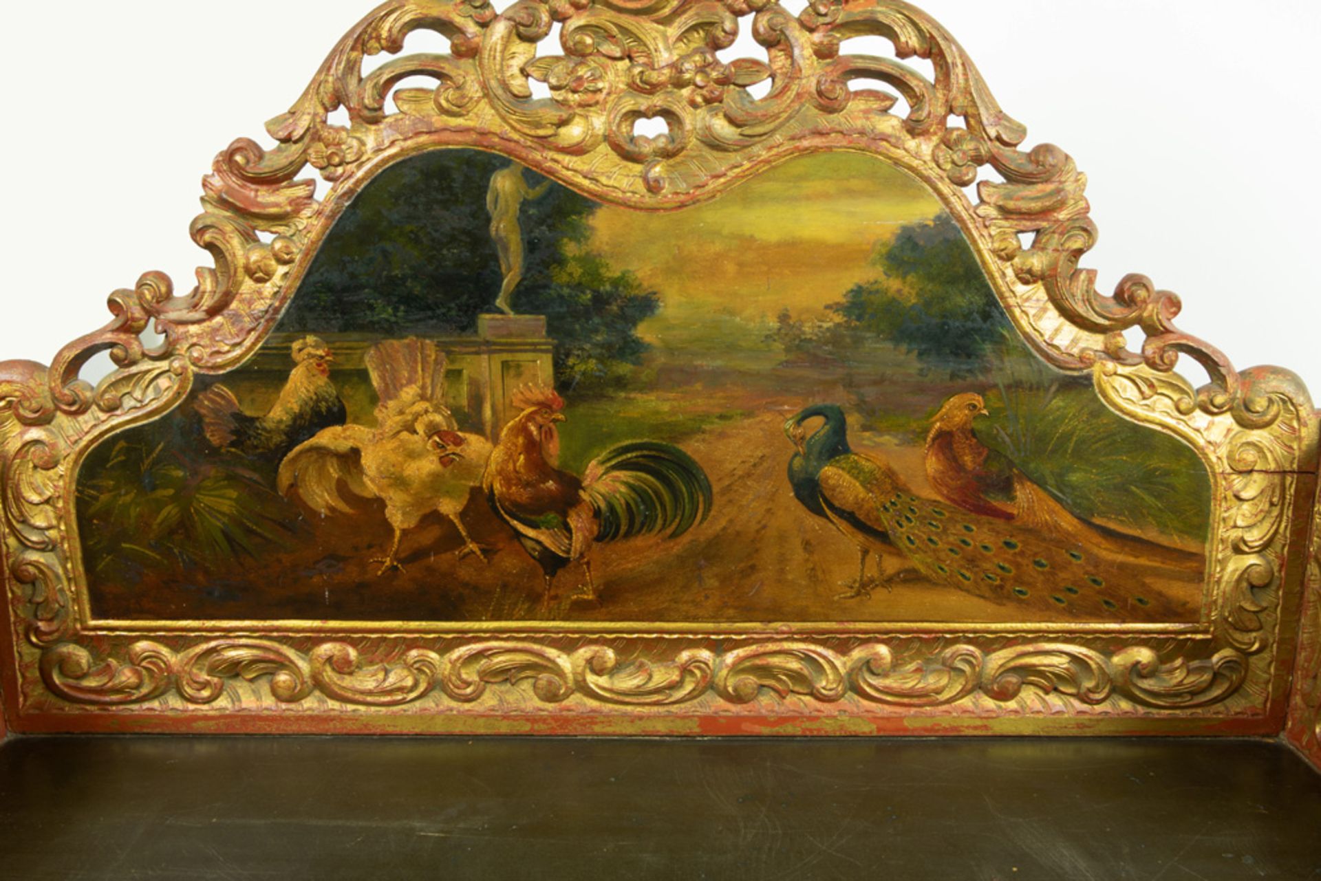 small antique Louis XV style bench in gilded and sculpted wood and with a panel with a painting of - Image 2 of 3