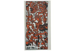 Keith Haring signed drawing in black and orange felt-tip pen with a typical figuration - with a