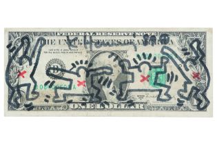 Keith Haring drawing on a US one dollar banknote - signed and dated 1989 || HARING KEITH (1958 -