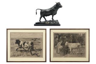 various lot with a bronze sculpture after Isidore Bonheur & two prints by J. Dupré || Lot van een