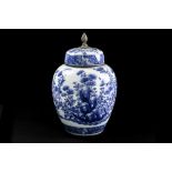 antique Chinese vase with its glued lid in porcelain with a blue-white garden decor and with
