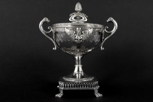 late 18th Cent. French neoclassical jam pot in marked silver and clear glass || Laat achttiende