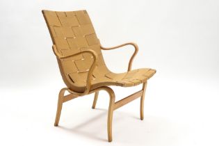 Bruno Mathsson marked "Eva" (design of 1934) armchair in bent plywood and solid birch frame with