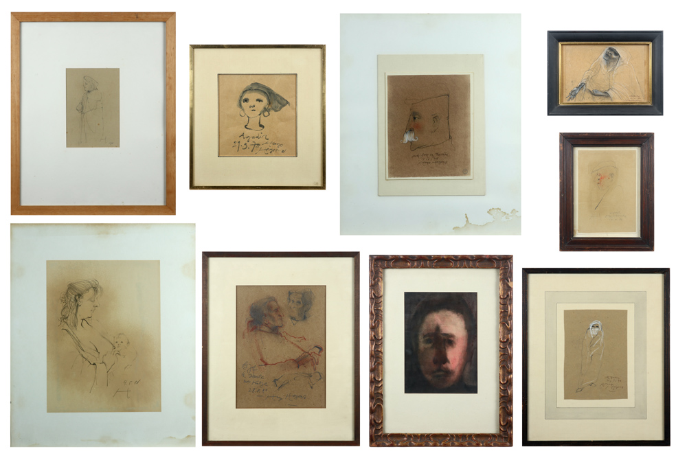 various lot of nine drawings with portraits - signed Hugo Heyens || HEYENS HUGO (1942 - 1987) lot (