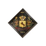 antique diamond-shaped "Obiit" oil painting on panel with gold leaf and with a coat of arms