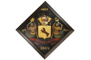 antique diamond-shaped "Obiit" oil painting on panel with gold leaf and with a coat of arms