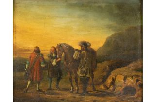 19th Cent. oil on panel || Negentiende eeuws olieverfschilderij op paneel : "Drie mannen bij een